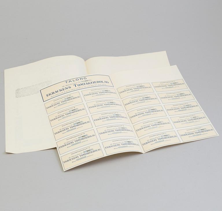 AKTIEBREV, sju stycken, Ekbackens Tomtaktiebolag, Kohlswa 1912.