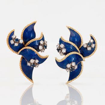 A pair of earrings and a brooch signed Kutchinsky, with enamel, diamonds and sapphires.
