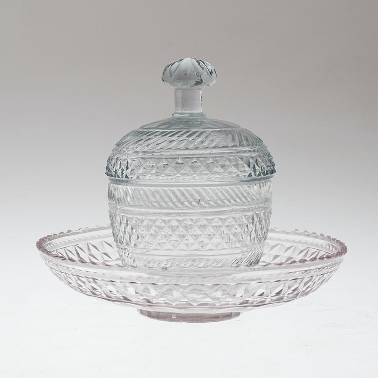 A 19th Century glass bowl with lid and probably later saucer.