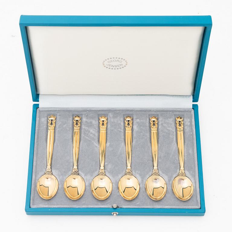 Johan Rohde, Six gilt sterling silver coffee spoons, 'Konge' / 'Acorn', Georg Jensen, Denmark.