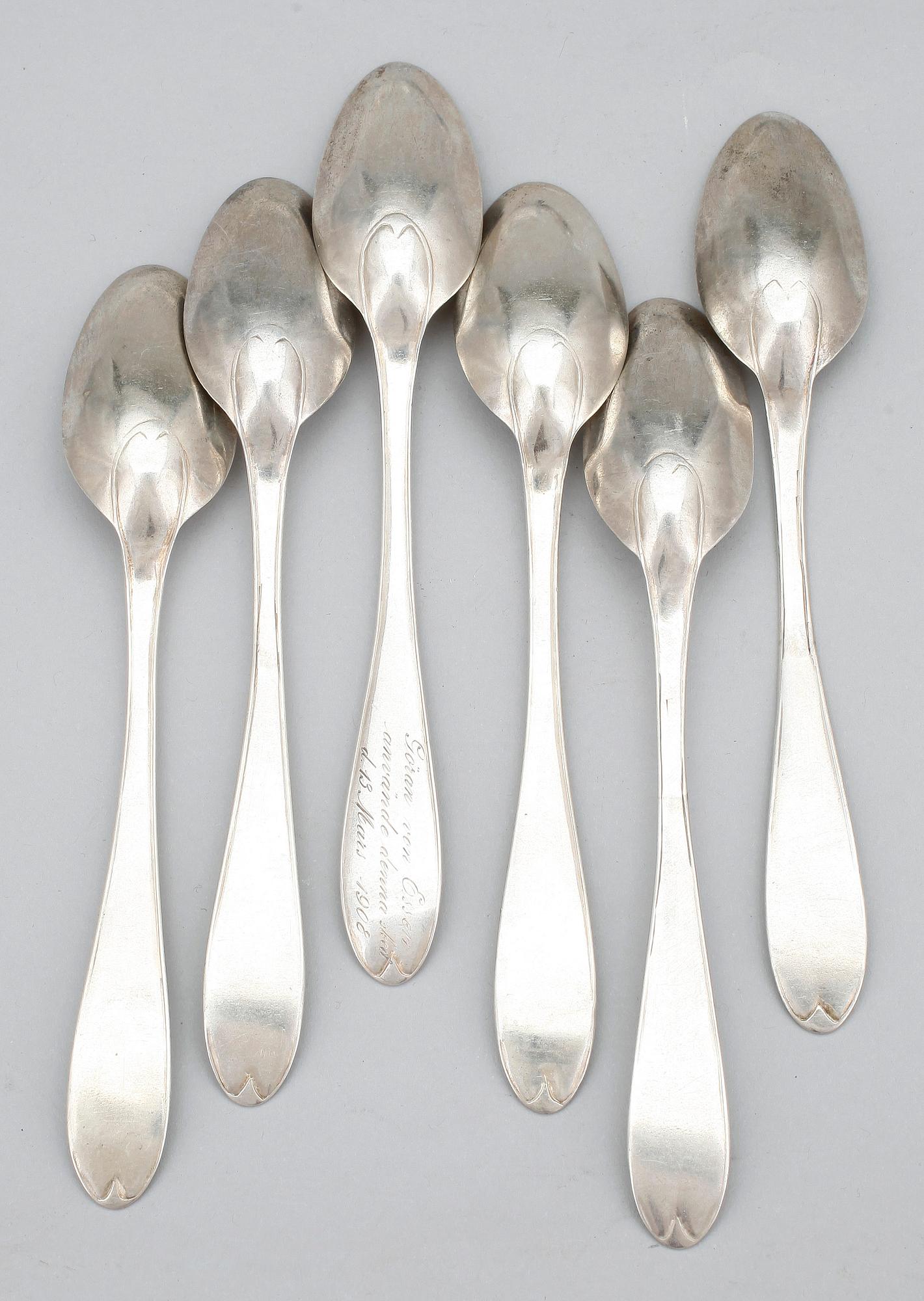 TESKEDAR, silver, 6 st, delvis Jacob Möller, Malmö, 1817. Tot vikt 202 gram.