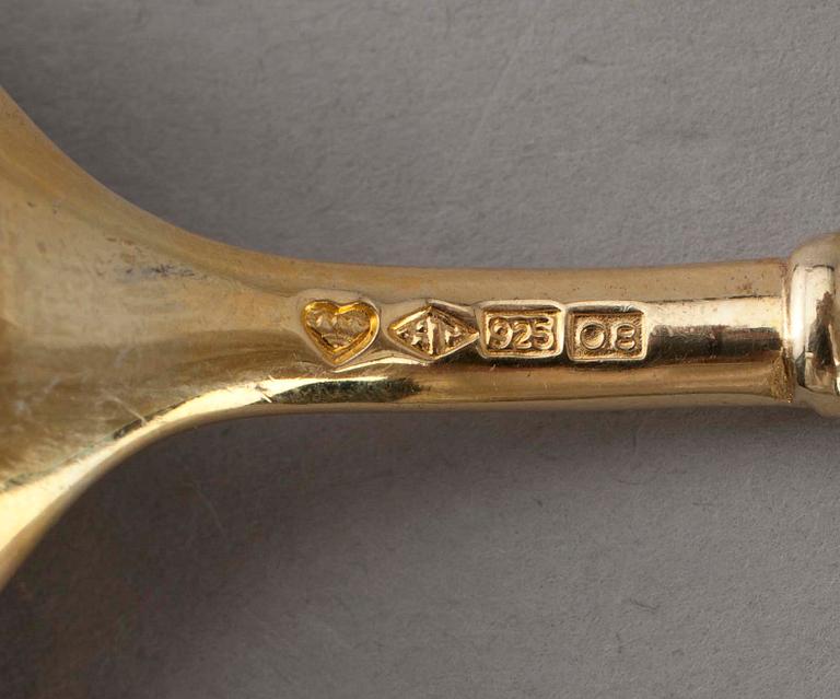 DESSERTSKEDAR, 12 st, silver och emalj, Tillander, stämplade 1991. Tot vikt ca 344 gr.