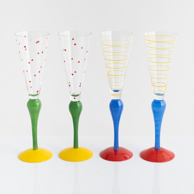 Anne Nilsson, four 'Clown' champagne glasses, Orrefors, Sweden.
