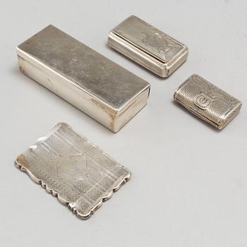 Five silver boxes and a salt shaker 19th and 20th Century.