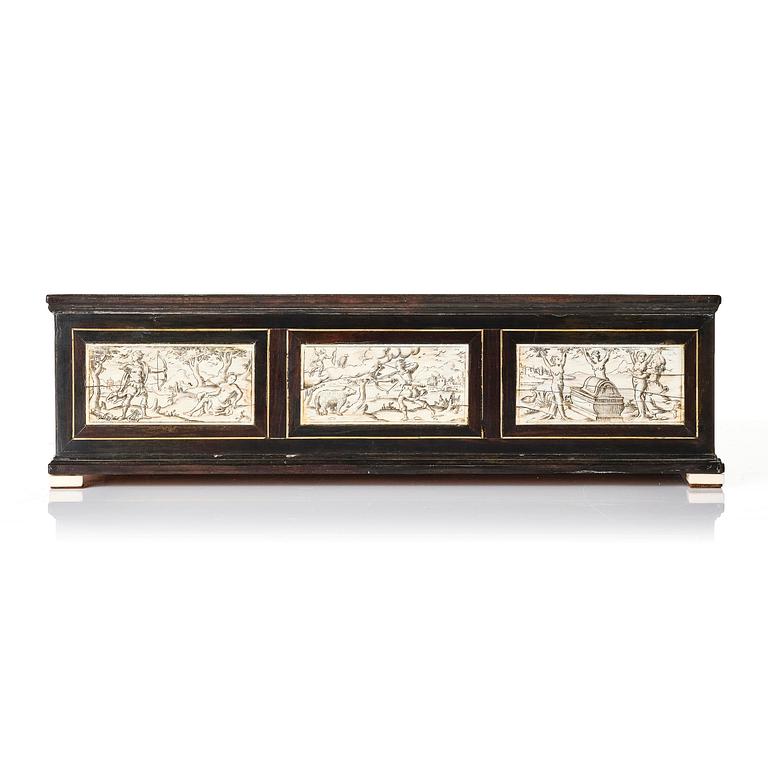 A Neopolitan ebony, rosewood and engraved ivory writing box from the circle of Iacopo Fiamengo, first part 17th century.