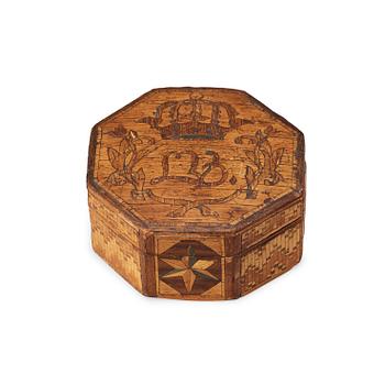 A Swedish 18th century straw-work box with cover, with the monogram of Queen Lovisa Ulrika.