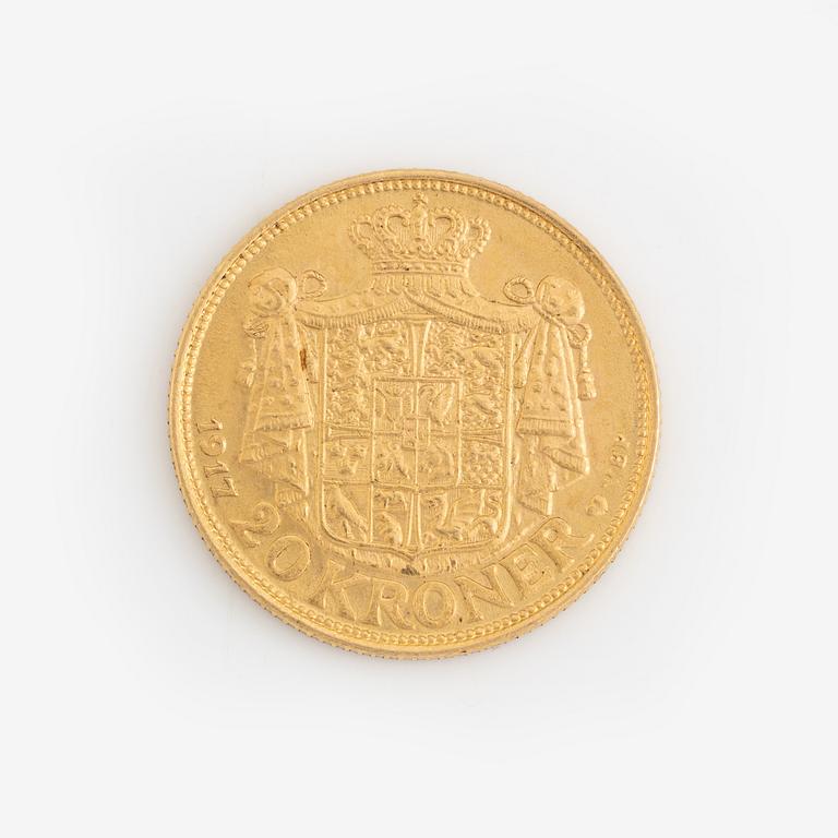 A Danish gold coin, 20 kroner, 1917.