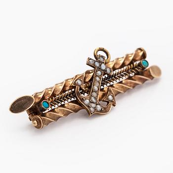 Brooch, pearls, cabochon-cut turquoises, 14K (56) gold, St. Petersburg 1908-1926.