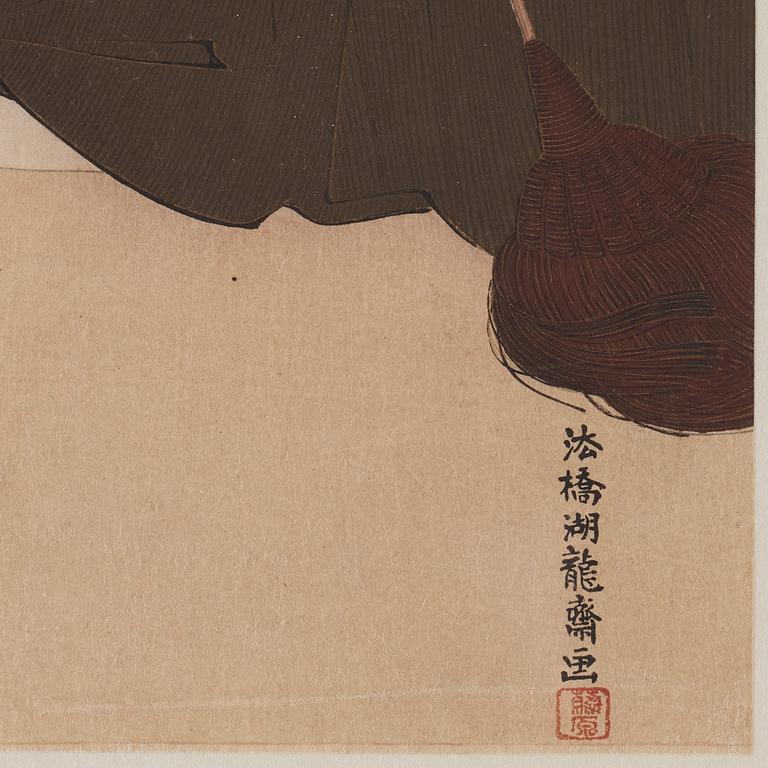 ISODA KORYUSAI (1735-1790), efter, färgträsnitt, troligen 1900-tal, samt OKÄND KONSTNÄR. Japan, troligen 1900-tal.