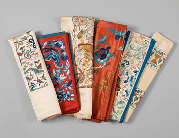 146. A set of six silk embroideries, late Qing dynasty (1644-1912).