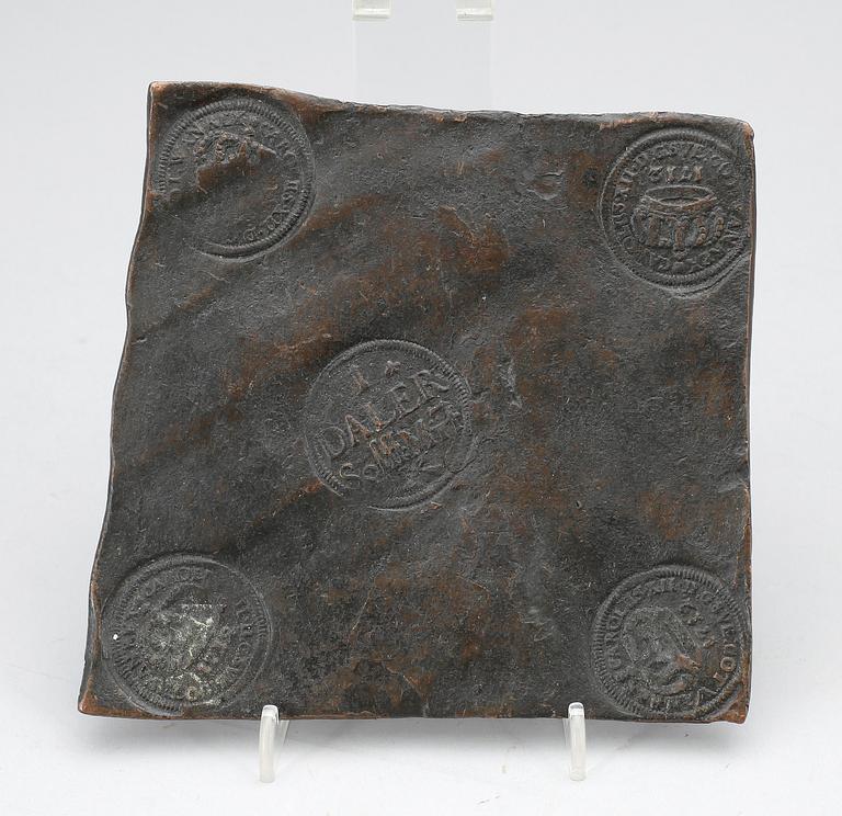 PLÅTMYNT, koppar, 1 daler silvermynt, Karl XII av Sverige, 1712.