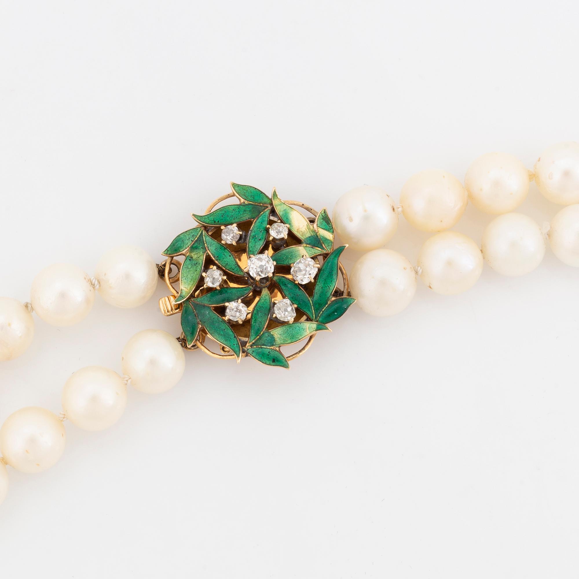 Cultured salt water pearl necklace, Claps 18K gold with enamel and old cut diamonds.