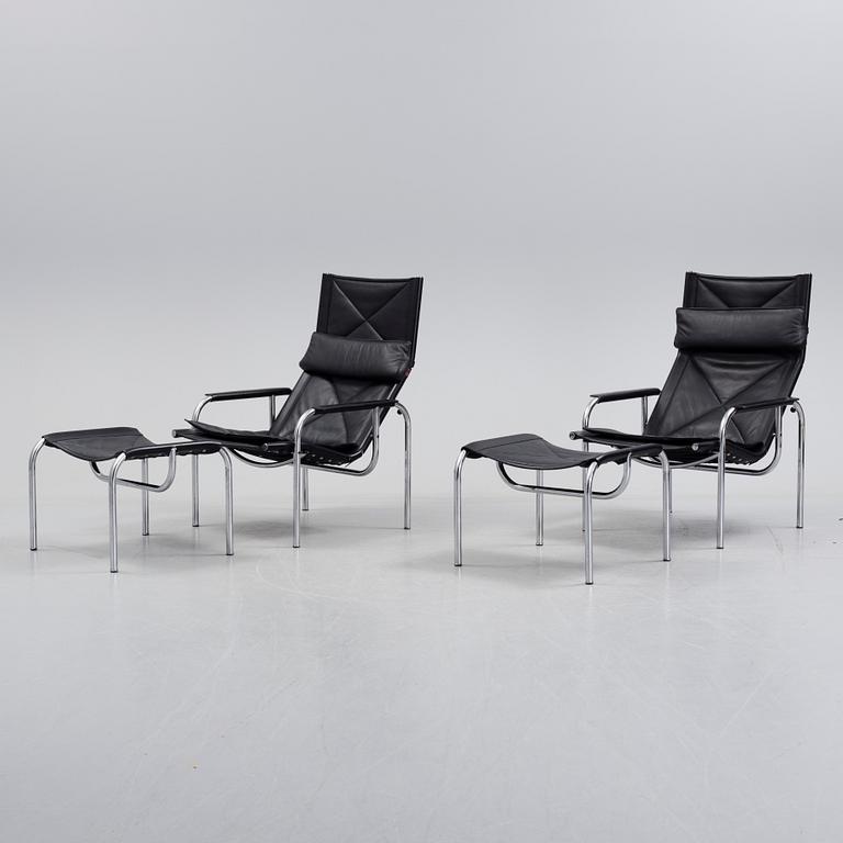 A pair of easy chairs and ottoman, designed by Hans Eichenberger, Strässle, Switzerland.