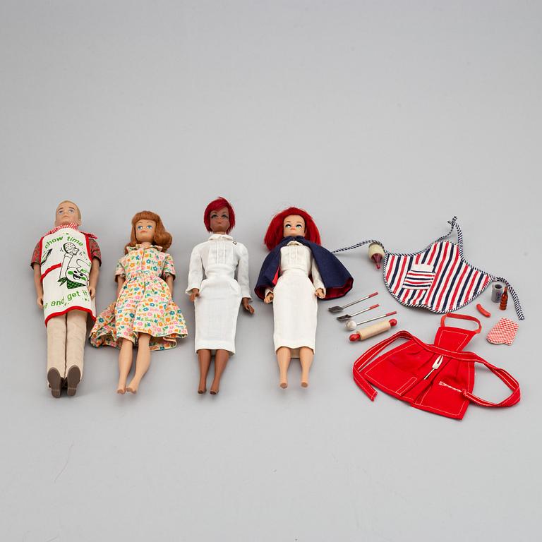 A set of four 1960's Mattel Barbie dolls with accessories.