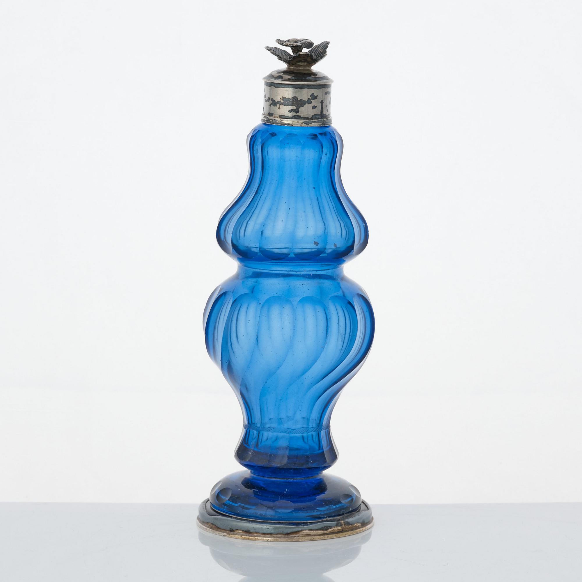 A Swedish Rococo blue glass and silver bottle, marked Lorenz Vick (Ulricehamn 1766-1808).