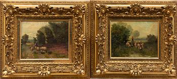 Eugen Joseph Verboeckhoven, his kind, Pastoral landscape with shepherdess and sheep, a pair.