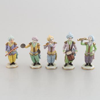 Five porcelain figurines, Sitzendorf, Germany, early 20th Century.