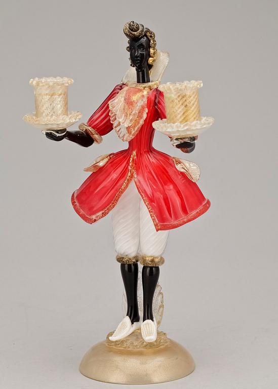 FIGURIN/KANDELABER, glas, troligtvis Murano, Italien, 1900-tal.