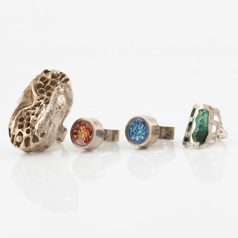 Lars Arby, four rings, sterling silver and enamel, Gothenburg 1966 and 1976.