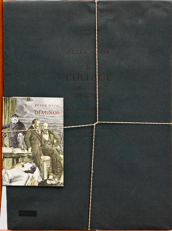 PETER WEISS, mapp med bok.
Mappen märkt "Peter Weiss 8 Collage till romanen Diagnos Bo Cavefors Bokförlag".