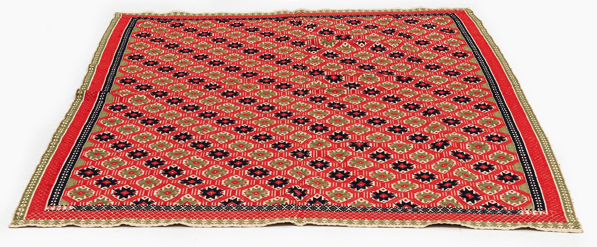 A bed cover, flat weave, c. 186 x 134 cm, Western Scania, signed THS and dated 1843.