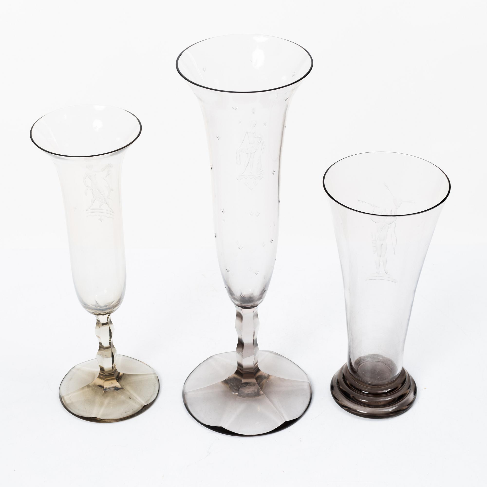 Edward Hald, vases, 3 pcs, Orrefors, 1929-30.