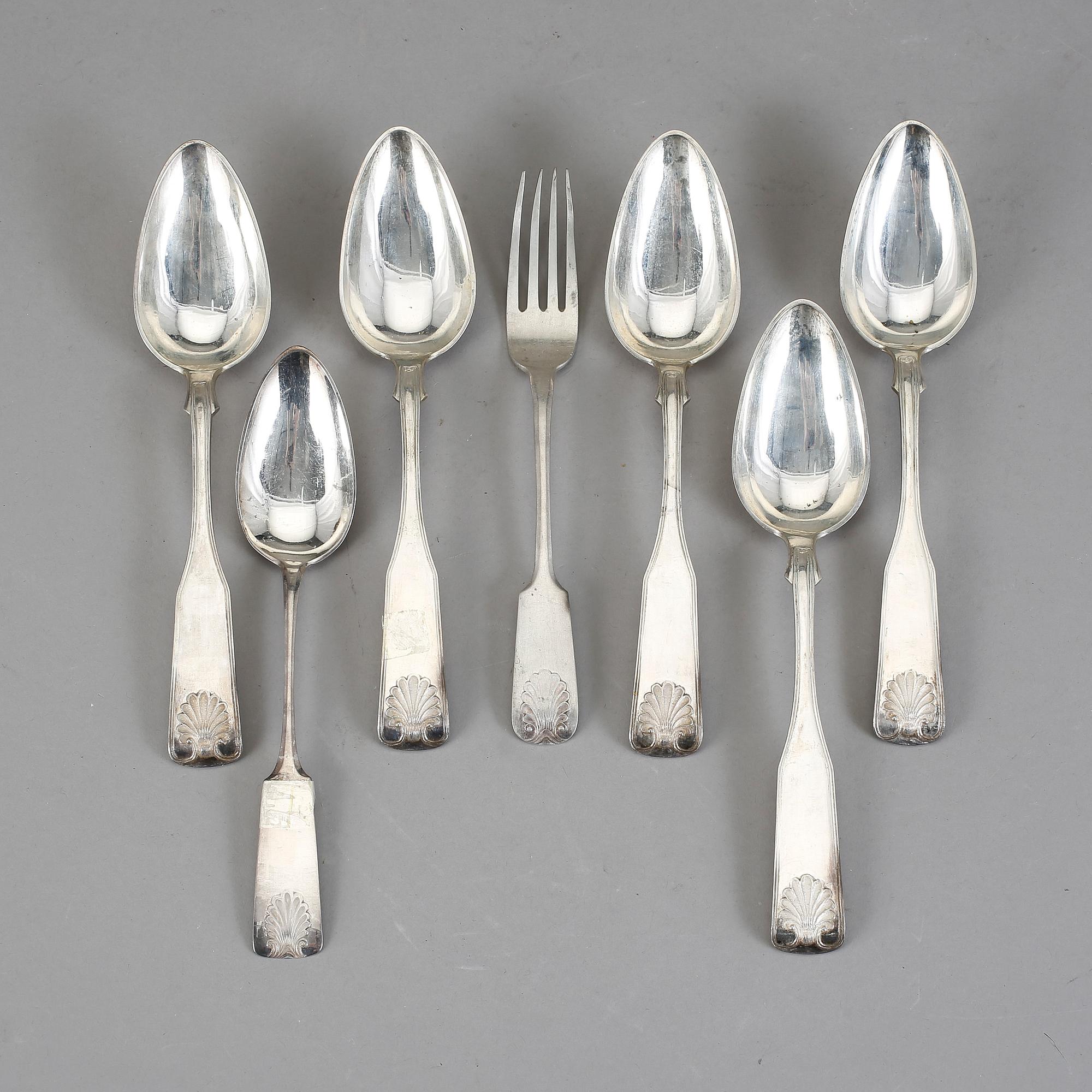 BESTICK, 5+1+1 st, silver. Snäckmodell, Finland, 1800-tal. Total vikt 382 g.