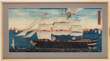 YOSHIKAZU (act.1850-1870), triptych, color woodblock print. Japan, 1861.