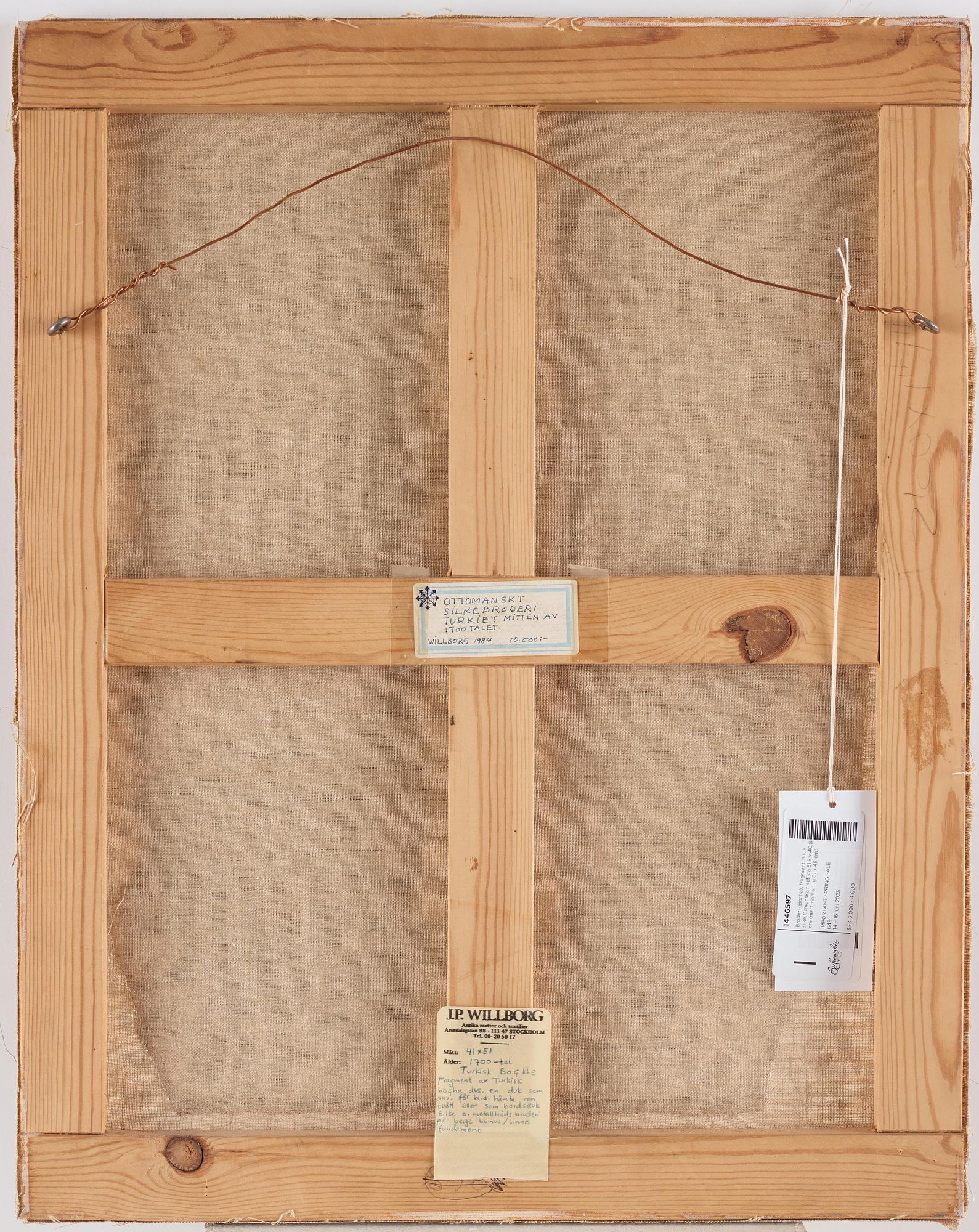 An antique Ottoman empire silk (Bocha), embroidery fragment. ca 51,5 x 40,5 cm (with mounting 61 x 48 cm).