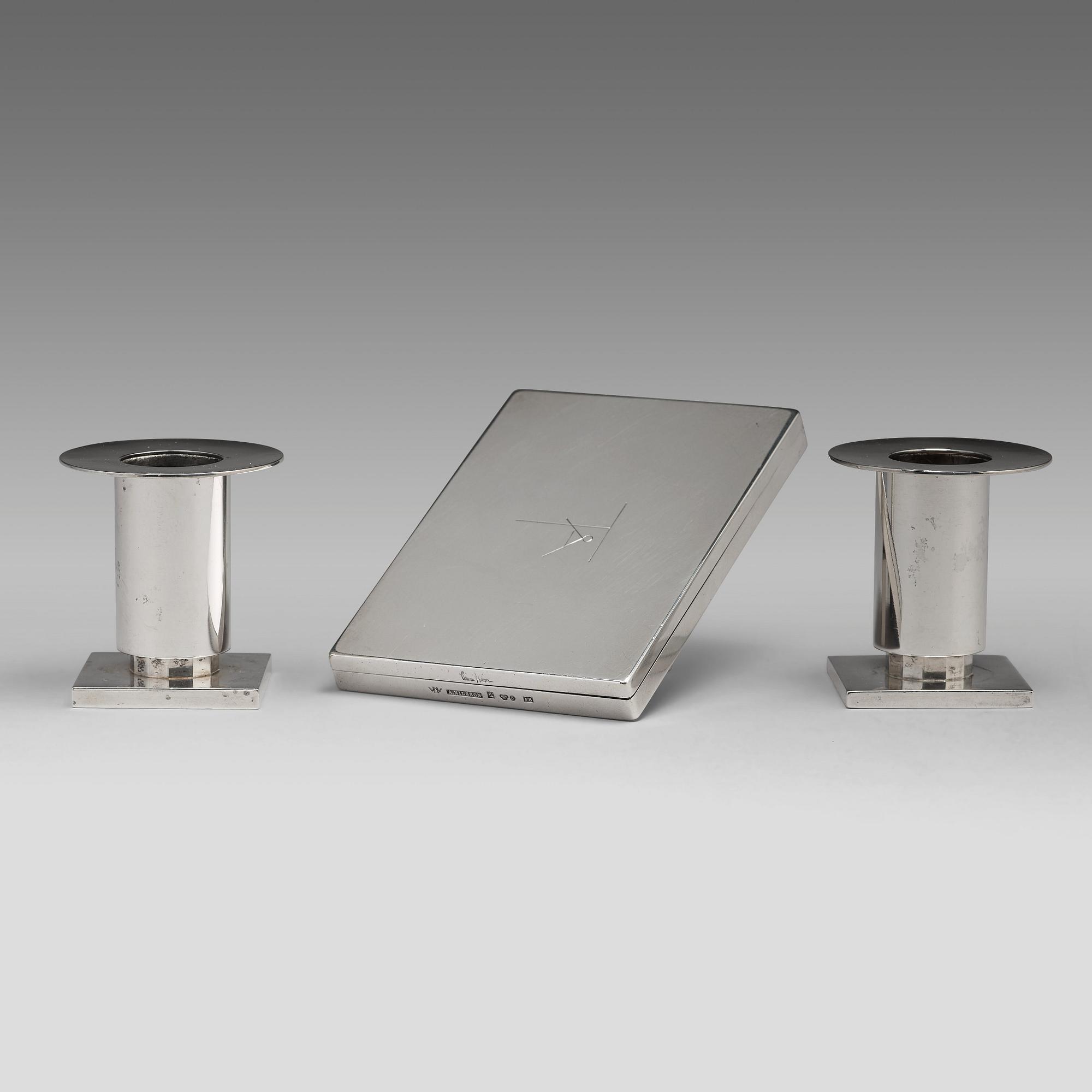 Wiwen Nilsson, a silver set with a pair of candlesticks and a cigarette case, Lund Sweden 1927-38.