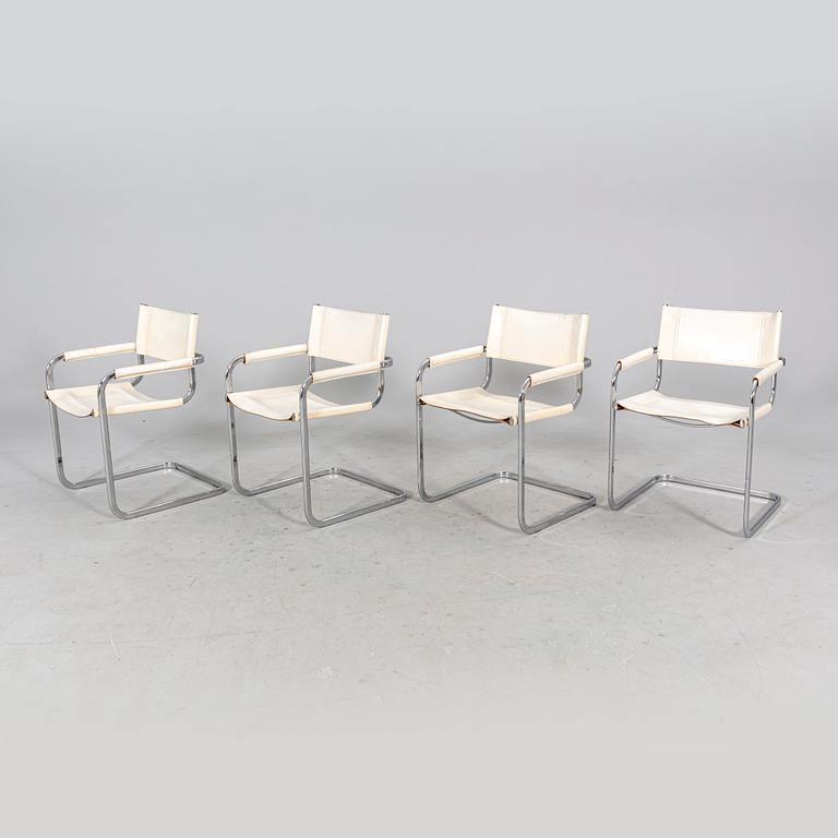 A set of four Italian chrome and leather armchairs later part of the 20th century.