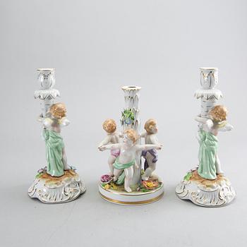 A pair of porcelain candle sticks and a bowl, Germany Schierholz mid 1900's.