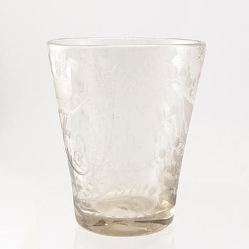 A Swedish glass beaker with the monogram of King Fredrik I, Henrikstorps glass manufactory, early 18th century.