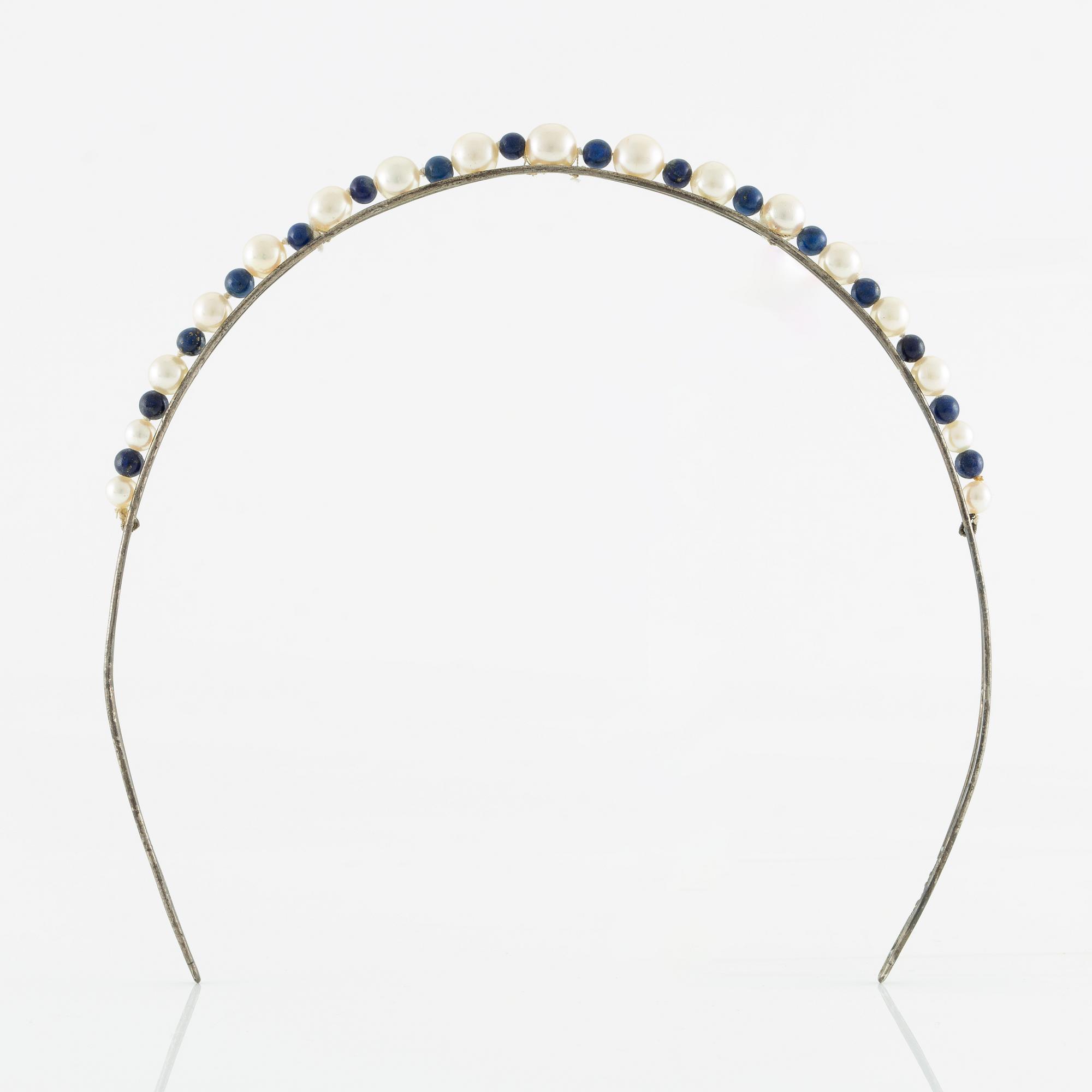 Diadem, Carlman, silver with cultured pearls and lapis lazuli.