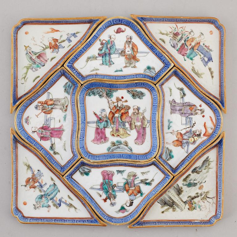 A famille rose nine piece cabaret, Qing dynasty, 19th century.