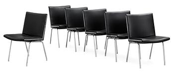 79. A set of six Hans J Wegner 'Kastrup' steel and black leather chairs, AP-stolen, Denmark.