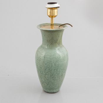 A Chinese celadon porcelain vase / table lamp, late Qing dynasty.