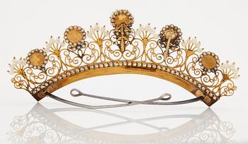 A natural fresh water pearl and natural pearl tiara by Carl Gustaf Florell, Stockholm, 1820.