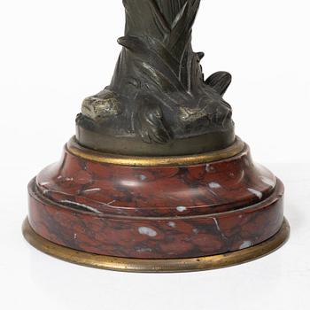 a pair of bronze and marble candle sticks, after a model by Houdon, late 19th century.