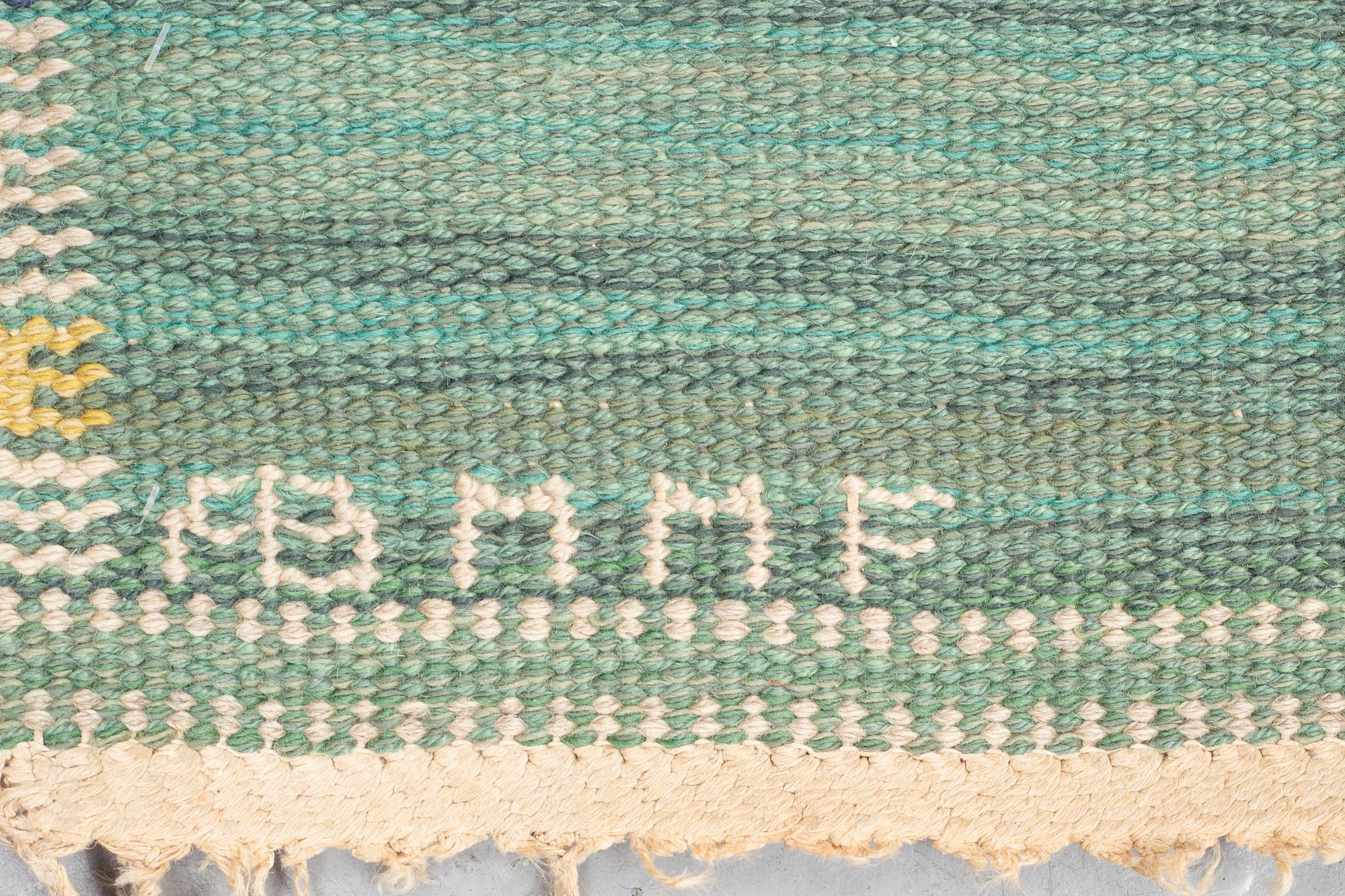 Barbro Nilsson, a carpet, "Falurutan grön, Alice", flat weave, ca 218 x 146,5-150,5 cm, signed AB MMF BN.