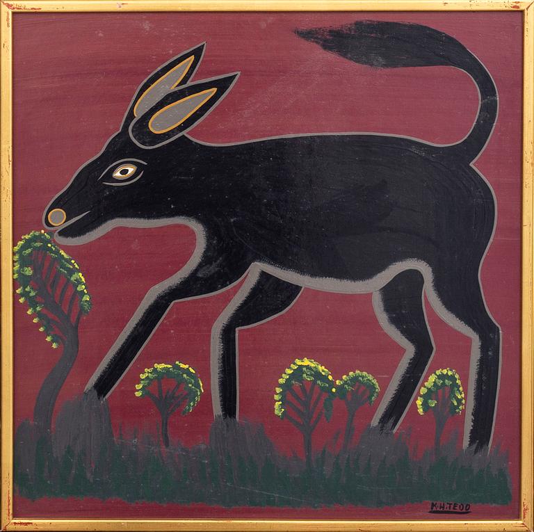 An 1970:s Kasper Henrik Tedo, so called Tingatinga-painting, bicycle paint on masonite, signed.