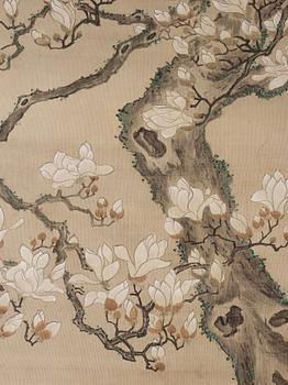 A large hanging scroll of flowering magnolias and peonies, by an unidentified artist, late Qing dynasty (1644-1912).