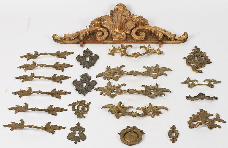 PARTI MÖBELBESLAG, 20 delar, metall och trä, 1800/1900-tal.