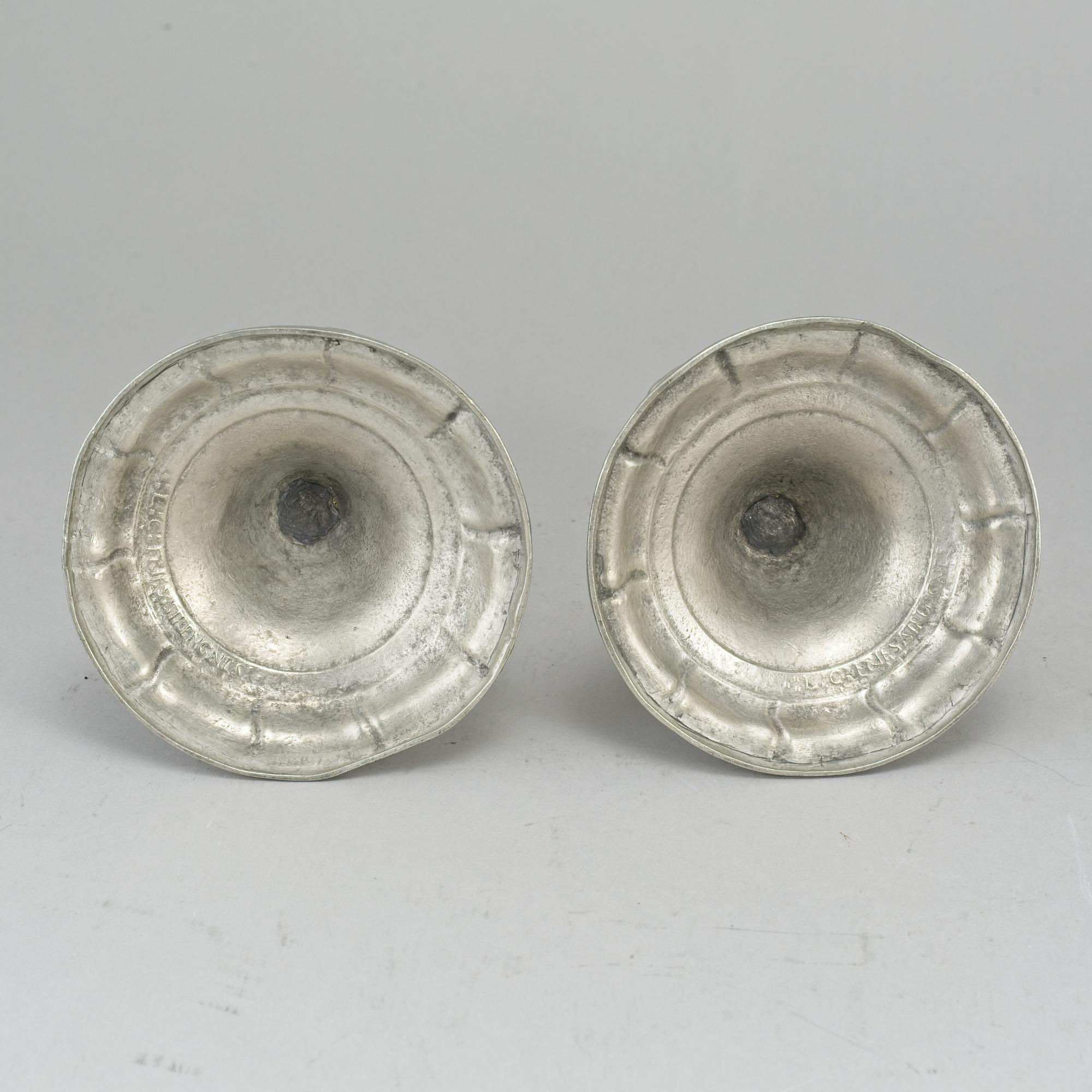 A pair of pewter candlesticks, Lars Claesson Fries, Strängnäs (1760-90).