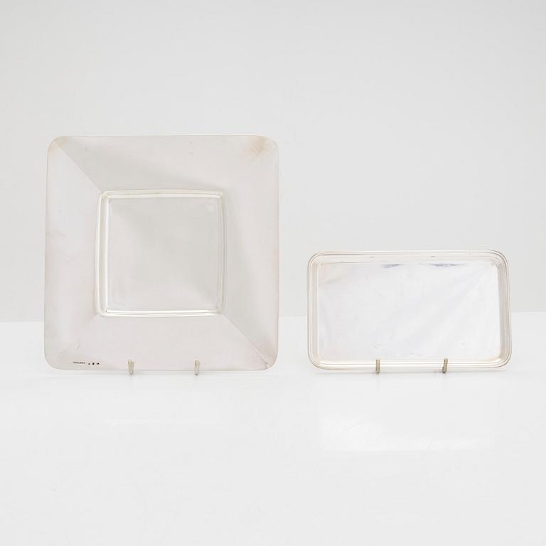 Two silver dishes, toiletry box and an eyeglass case, Sweden and Finland 1908-50.