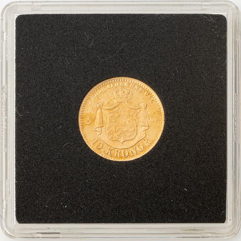 Guldmynt, Oscar II, 10 kronor, typ I, Sverige 1876.