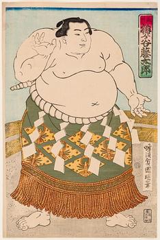 UTAGAWA KUNIAKI (1835-88), color woodblock print. Japan, 1875. 'Umegatani'.