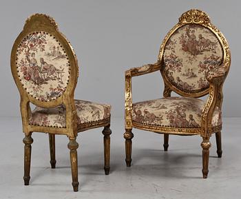 FÅTÖLJER, ett par samt STOLAR, ett par, Louis XVI-stil, 1900-tal.
