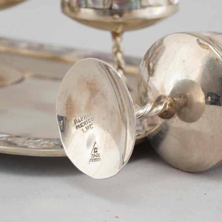 Six liqeur glasses on a tray, mother of pearl and alpaca, Mexico, second half of the 20th century.