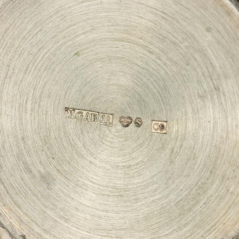 Three cups, dish, basket, jug, bowl, and ring holder, silver.